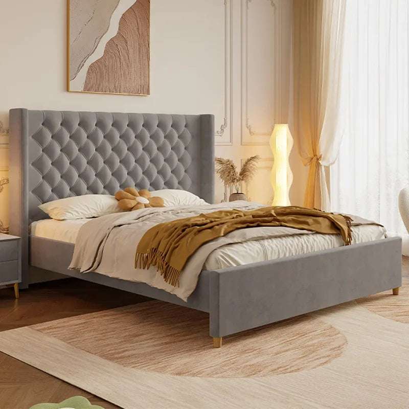 Modern Style Wood Frame Velvet Fabric Queen King Bed Frame Upholstered Bed For Bedroom