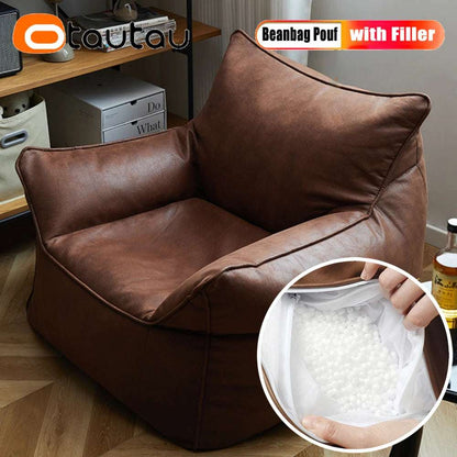 OTAUTAU Retro Faux Leather Bean Bag Sofa with Filler Armchair Beanbag Chair Corner Game Reading Couch SF180-filler
