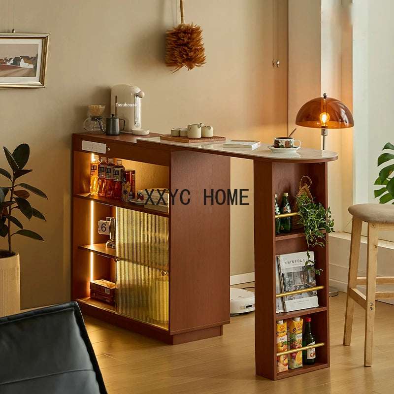 Designer Solid Wood Bar Tables Japanese Kitchen Furniture Slate High Table Home Living Room Casual Storage Cabinet LED Bar Table