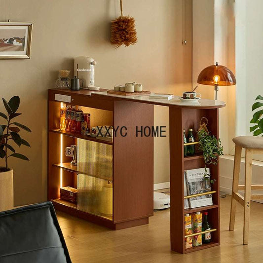 Designer Solid Wood Bar Tables Japanese Kitchen Furniture Slate High Table Home Living Room Casual Storage Cabinet LED Bar Table