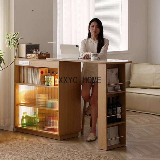 Designer Solid Wood Bar Tables Japanese Kitchen Furniture Slate High Table Home Living Room Casual Storage Cabinet LED Bar Table