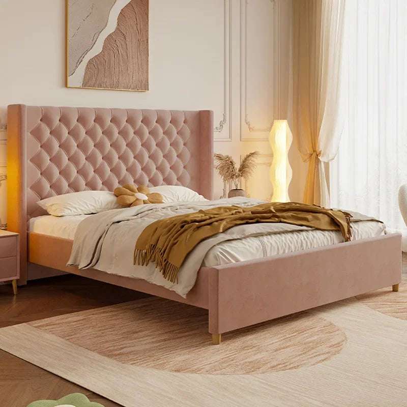 Modern Style Wood Frame Velvet Fabric Queen King Bed Frame Upholstered Bed For Bedroom