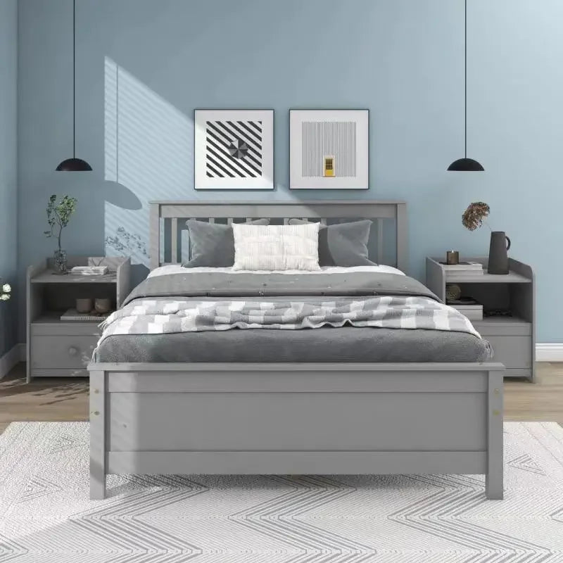 Grey Full Bed with Headboard and Footboard,with 2 Nightstands Easy to assemble,for indoor bedroom furniture