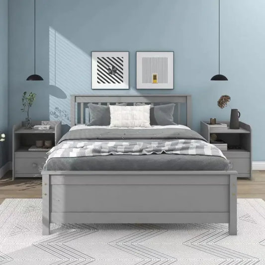 Grey Full Bed with Headboard and Footboard,with 2 Nightstands Easy to assemble,for indoor bedroom furniture