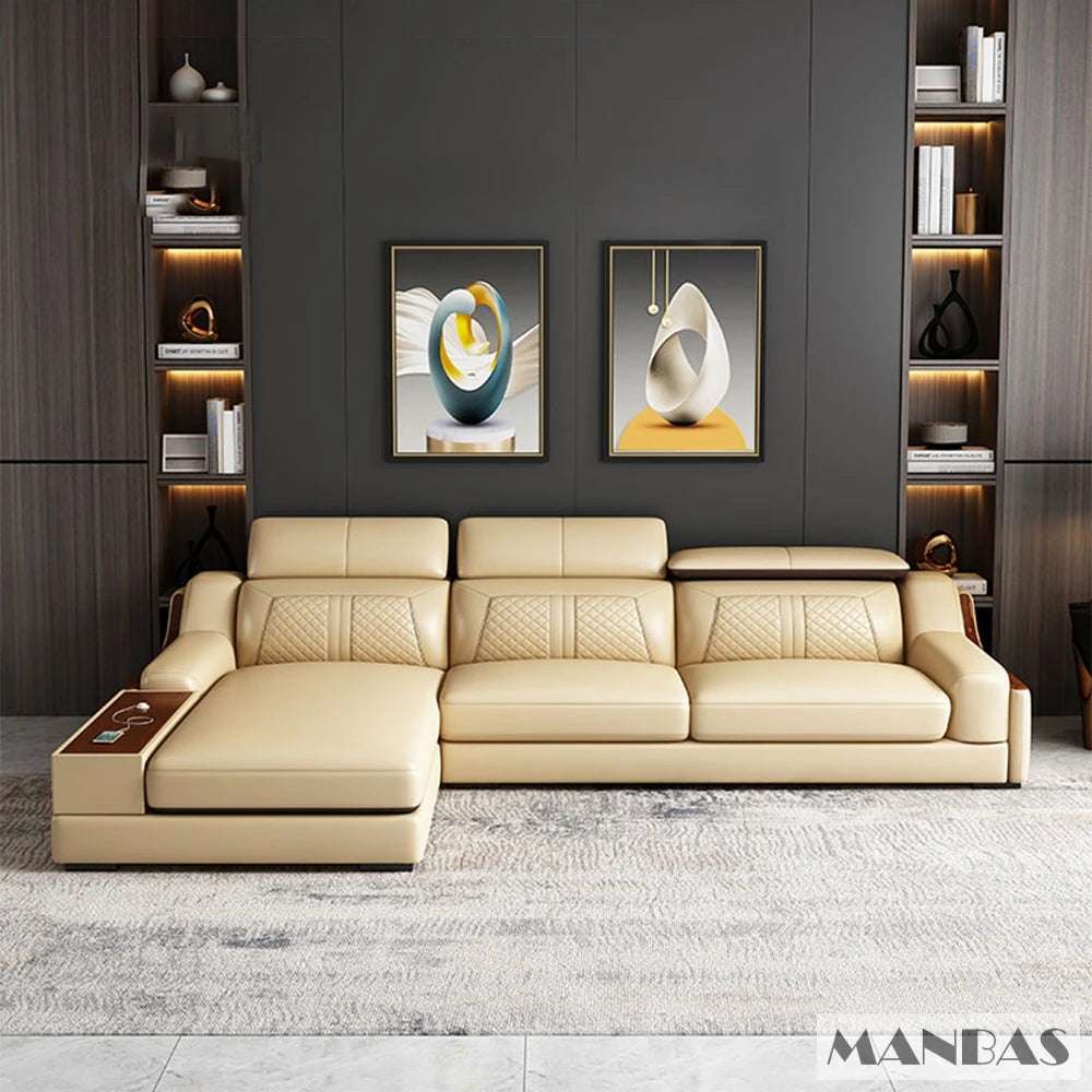 Stylish Italian Genuine Leather Sofa for Living Room with Cup Holder, USB, Adjustable Headrests & Bluetooth Speaker - MANBAS