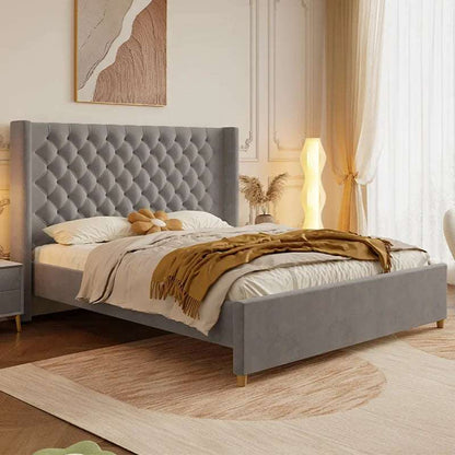Modern Style Wood Frame Velvet Fabric Queen King Bed Frame Upholstered Bed For Bedroom