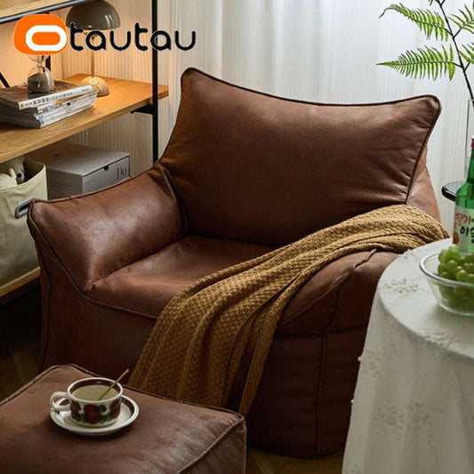 OTAUTAU Retro Faux Leather Bean Bag Sofa with Filler Armchair Beanbag Chair Corner Game Reading Couch SF180-filler
