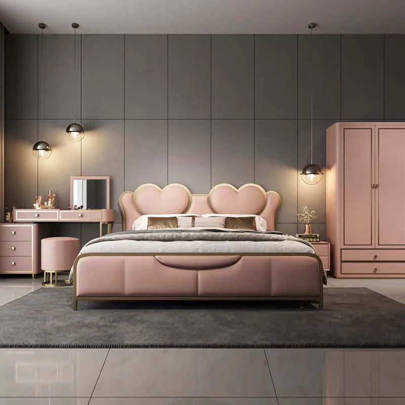 Pink Heart-shaped Love Bed Wooden Queen Size Safe Luxury Girls Couple Italian Bed Marriage Designer Nordic Cama Home Furniture
