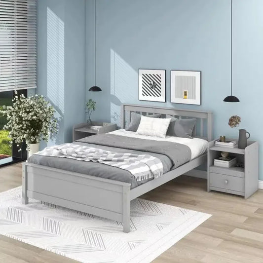 Grey Full Bed with Headboard and Footboard,with 2 Nightstands Easy to assemble,for indoor bedroom furniture