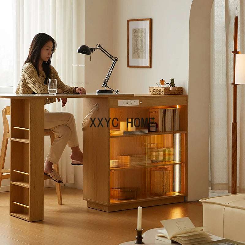 Designer Solid Wood Bar Tables Japanese Kitchen Furniture Slate High Table Home Living Room Casual Storage Cabinet LED Bar Table
