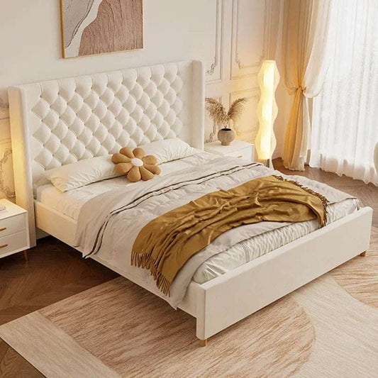 Modern Style Wood Frame Velvet Fabric Queen King Bed Frame Upholstered Bed For Bedroom