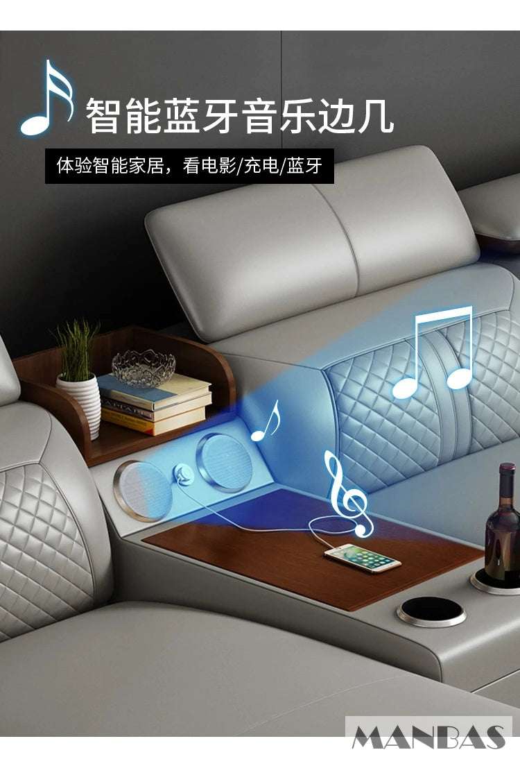 Stylish Italian Genuine Leather Sofa for Living Room with Cup Holder, USB, Adjustable Headrests & Bluetooth Speaker - MANBAS