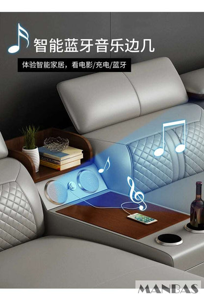 Stylish Italian Genuine Leather Sofa for Living Room with Cup Holder, USB, Adjustable Headrests & Bluetooth Speaker - MANBAS