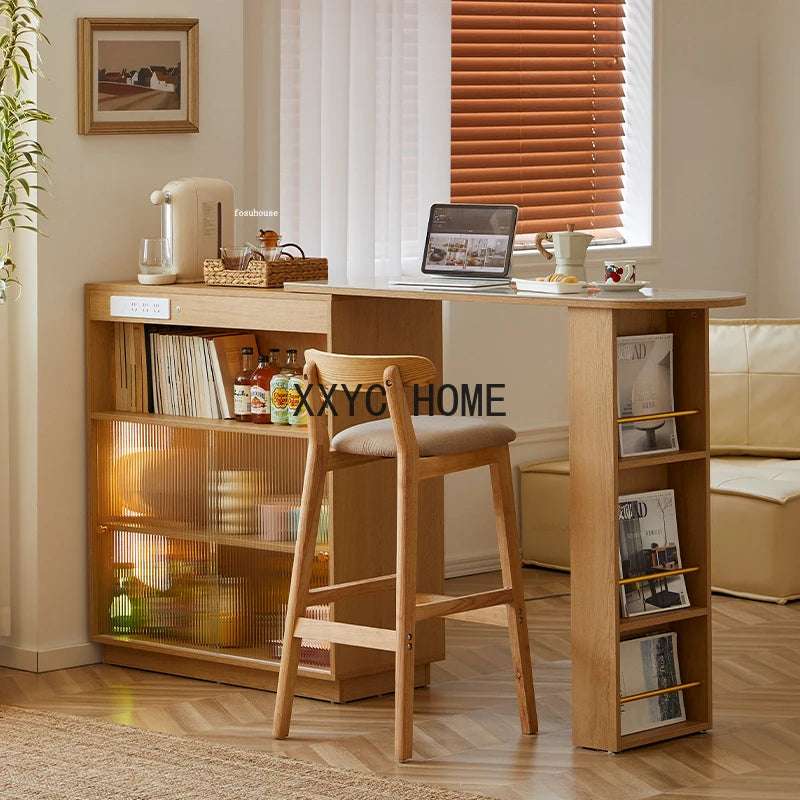 Designer Solid Wood Bar Tables Japanese Kitchen Furniture Slate High Table Home Living Room Casual Storage Cabinet LED Bar Table
